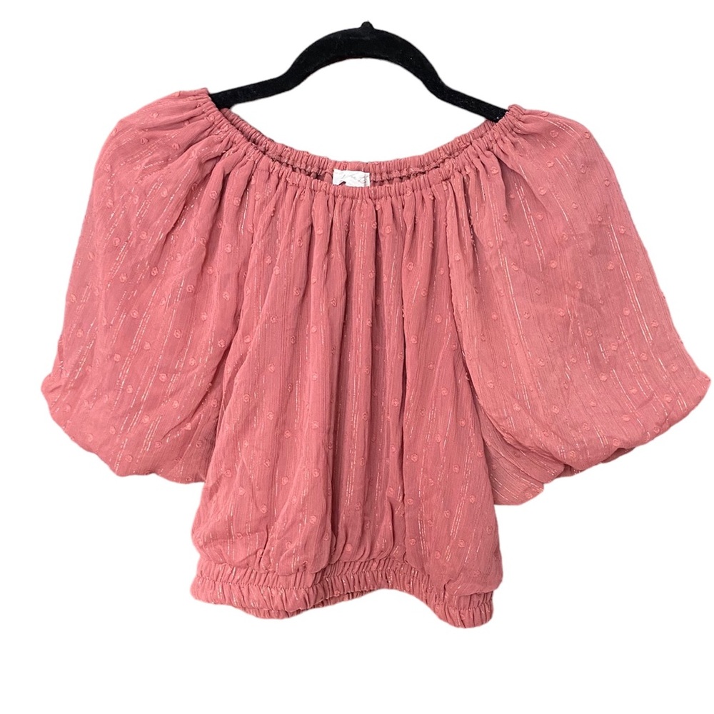 BY THE RIVER NWOT Rose/Blush Puff Sleeve Boho Cropped Blouse Top, Size Medium